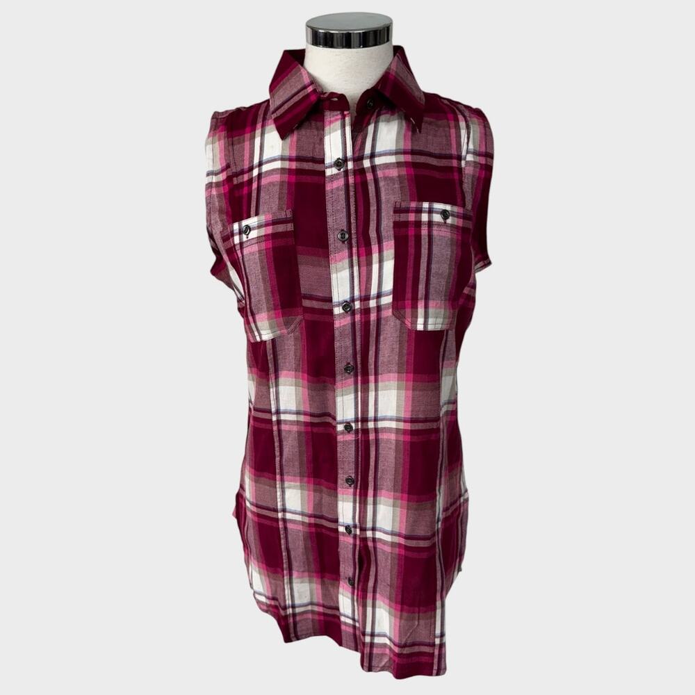 Stillwater Supply Co Small Sleeveless Magenta Plaid Button Front Long Shirt